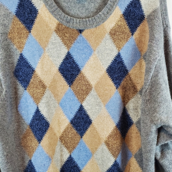 Jos A Bank Argyle Lambs Wool Sweater Size XL Mens Gray Crew Neck Knit - Picture 3 of 7
